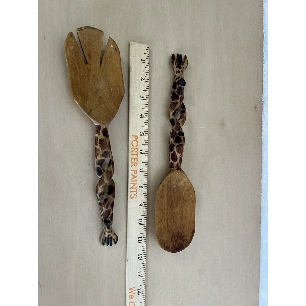 Vintage Carved‎ Wood Giraffe Salad Servers Spoon & Fork Set Hand Painted